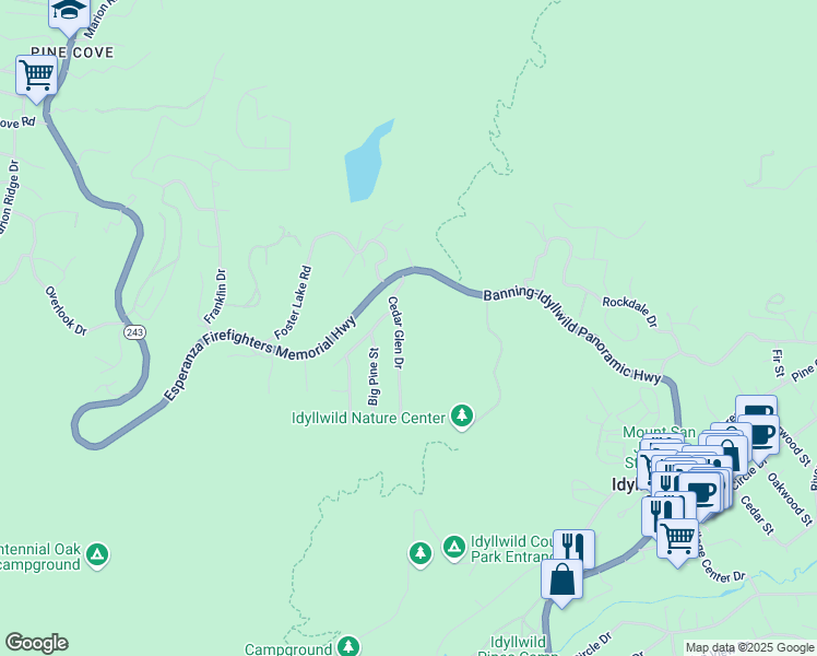 map of restaurants, bars, coffee shops, grocery stores, and more near 25504 Cedar Glen Drive in Idyllwild-Pine Cove