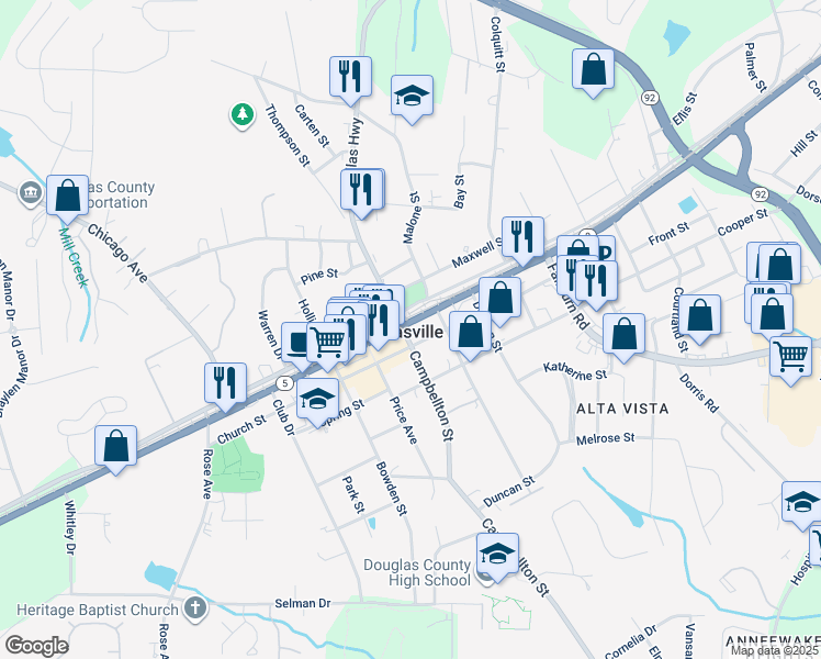 map of restaurants, bars, coffee shops, grocery stores, and more near 6632 West Broad Street in Douglasville