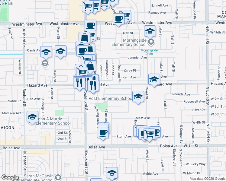 map of restaurants, bars, coffee shops, grocery stores, and more near 10222 Bellehurst Avenue in Westminster