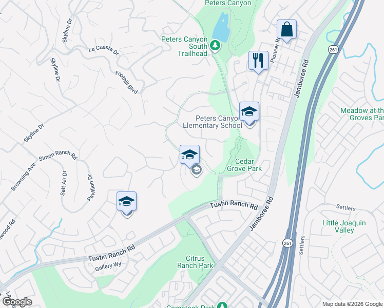 map of restaurants, bars, coffee shops, grocery stores, and more near 2747 Pioneer Road in Tustin