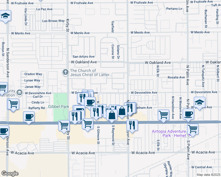 map of restaurants, bars, coffee shops, grocery stores, and more near 313 Avenue Calandria in Hemet