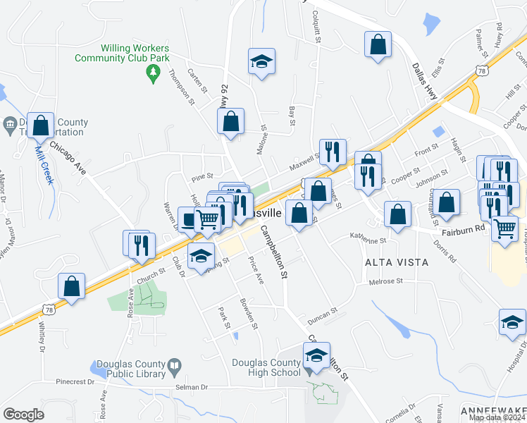 map of restaurants, bars, coffee shops, grocery stores, and more near 12311 Veterans Memorial Highway in Douglasville