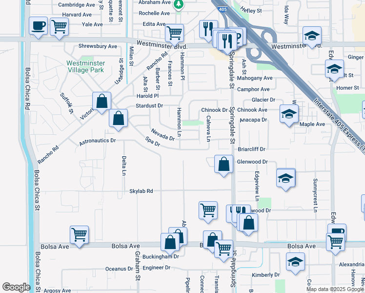 map of restaurants, bars, coffee shops, grocery stores, and more near 5731 Spa Drive in Huntington Beach