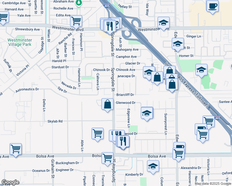 map of restaurants, bars, coffee shops, grocery stores, and more near 14501 Chateau Lane in Huntington Beach