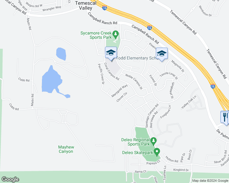 map of restaurants, bars, coffee shops, grocery stores, and more near 10952 Marygold Way in Corona
