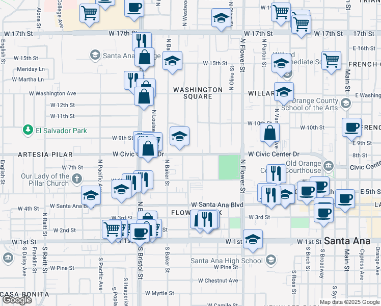 map of restaurants, bars, coffee shops, grocery stores, and more near 1107 West Civic Center Drive in Santa Ana
