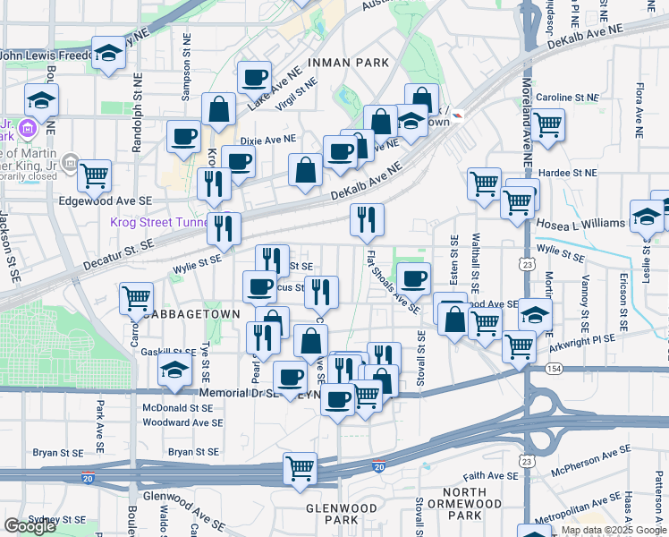 map of restaurants, bars, coffee shops, grocery stores, and more near 87 Selman Street Southeast in Atlanta