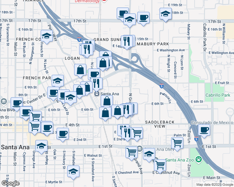 map of restaurants, bars, coffee shops, grocery stores, and more near 1160 East Fruit Street in Santa Ana