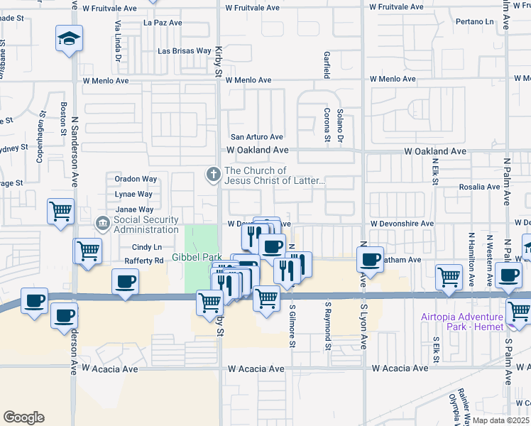 map of restaurants, bars, coffee shops, grocery stores, and more near 328 Callao Street in Hemet