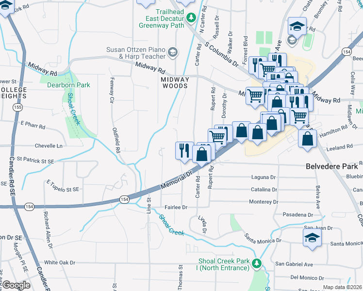 map of restaurants, bars, coffee shops, grocery stores, and more near 1436 Thomas Road in Decatur