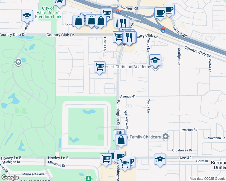 map of restaurants, bars, coffee shops, grocery stores, and more near 40970 Breezy Pass Road in Palm Desert