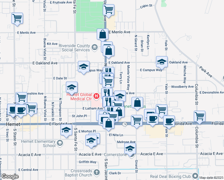 map of restaurants, bars, coffee shops, grocery stores, and more near 1350 East Devonshire Avenue in Hemet