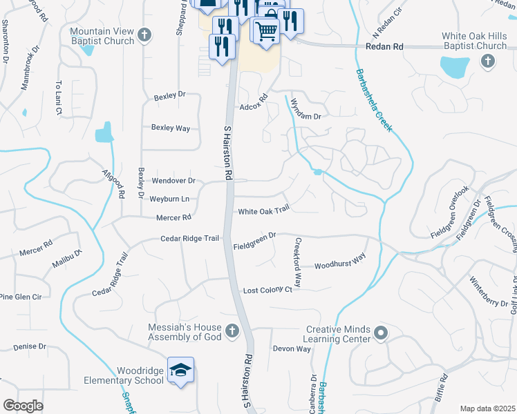 map of restaurants, bars, coffee shops, grocery stores, and more near 4762 White Oak Trail in Stone Mountain
