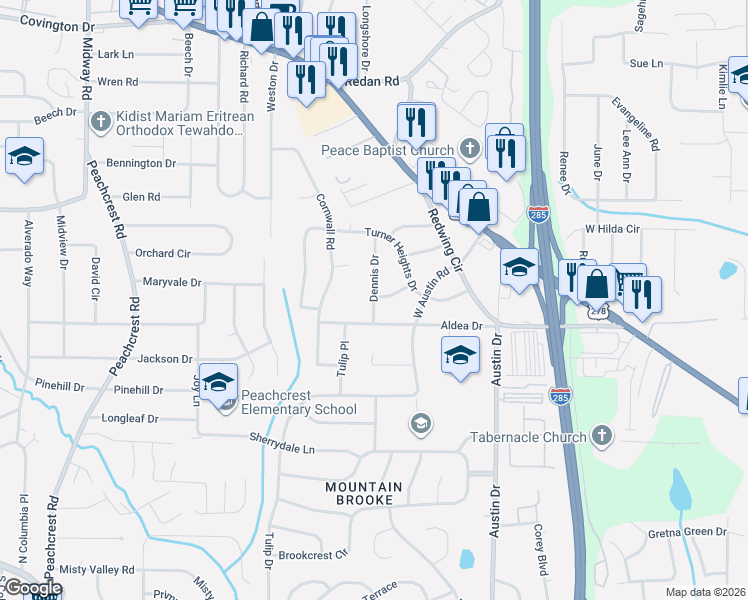 map of restaurants, bars, coffee shops, grocery stores, and more near 1421 Dennis Drive in Decatur