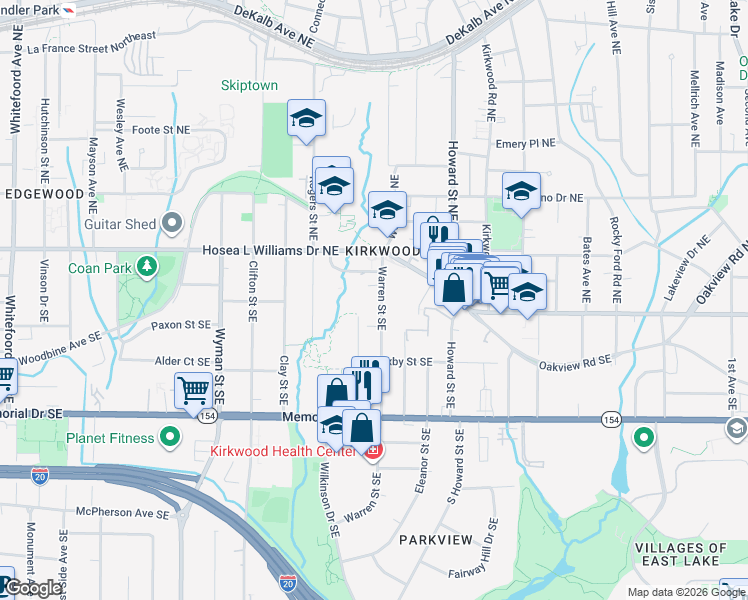 map of restaurants, bars, coffee shops, grocery stores, and more near 57 Warren Street Southeast in Atlanta