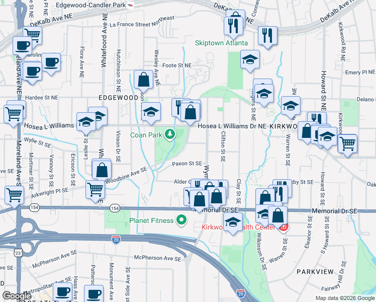 map of restaurants, bars, coffee shops, grocery stores, and more near 1625 Stanwood Avenue Southeast in Atlanta