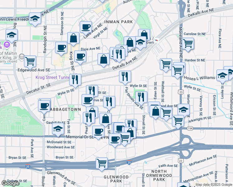 map of restaurants, bars, coffee shops, grocery stores, and more near 87 Selman Street Southeast in Atlanta