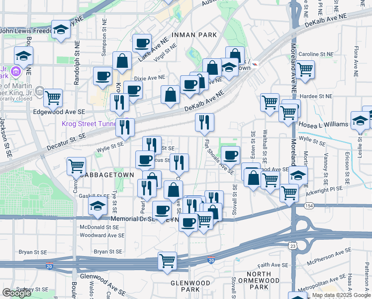 map of restaurants, bars, coffee shops, grocery stores, and more near 87 Selman Street Southeast in Atlanta