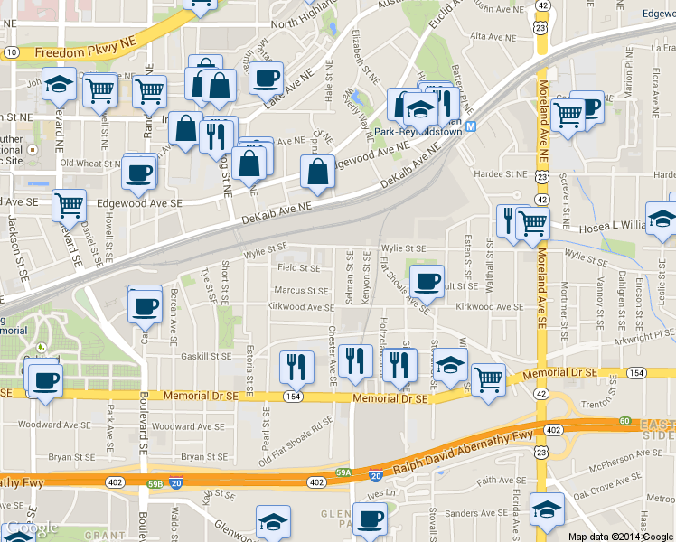 map of restaurants, bars, coffee shops, grocery stores, and more near 84 Chester Avenue Southeast in Atlanta