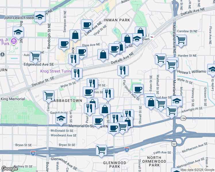 map of restaurants, bars, coffee shops, grocery stores, and more near 87 Selman Street Southeast in Atlanta