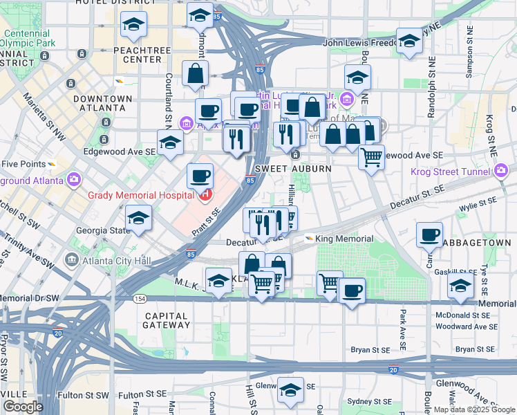 map of restaurants, bars, coffee shops, grocery stores, and more near 101 Veranda Circle Southeast in Atlanta