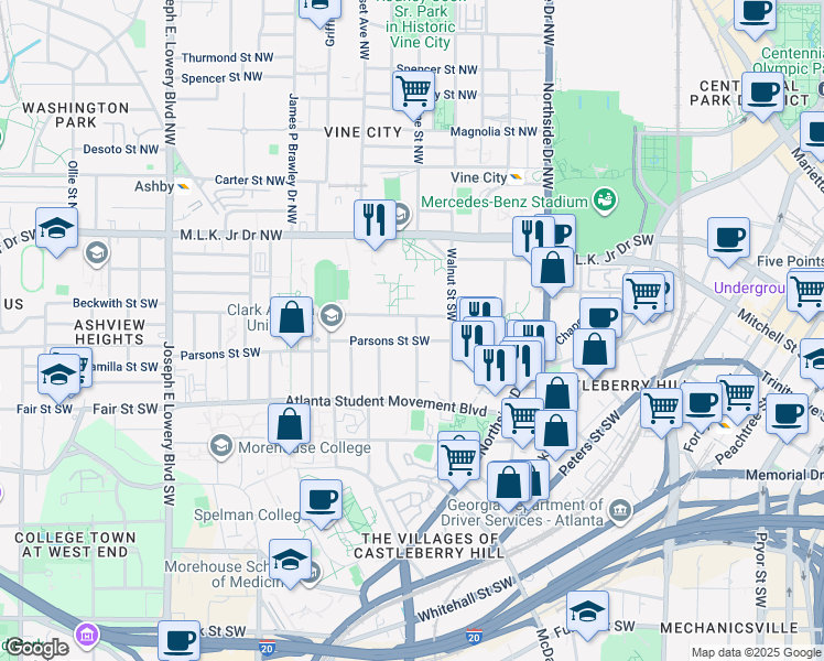 map of restaurants, bars, coffee shops, grocery stores, and more near 113a Vine Street Southwest in Atlanta