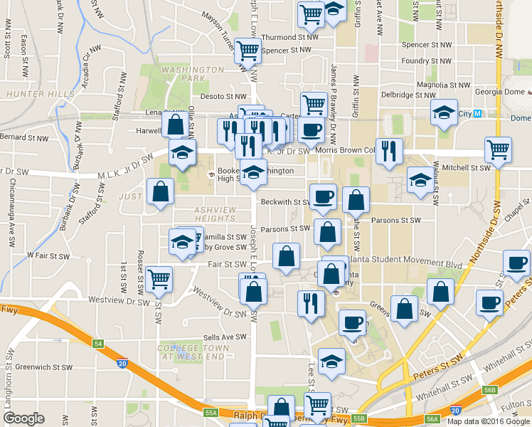map of restaurants, bars, coffee shops, grocery stores, and more near 111 Ozone Street Southwest in Atlanta