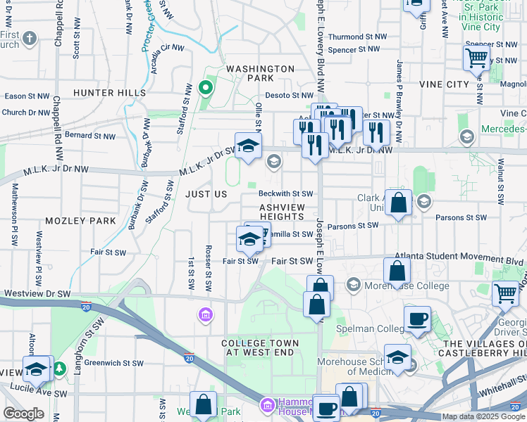 map of restaurants, bars, coffee shops, grocery stores, and more near 1024 Palmetto Avenue Southwest in Atlanta