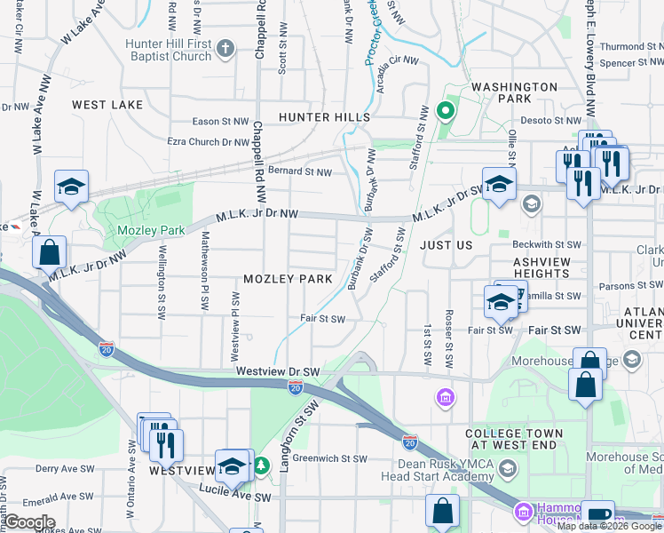 map of restaurants, bars, coffee shops, grocery stores, and more near 1310 Douglas Street Southwest in Atlanta