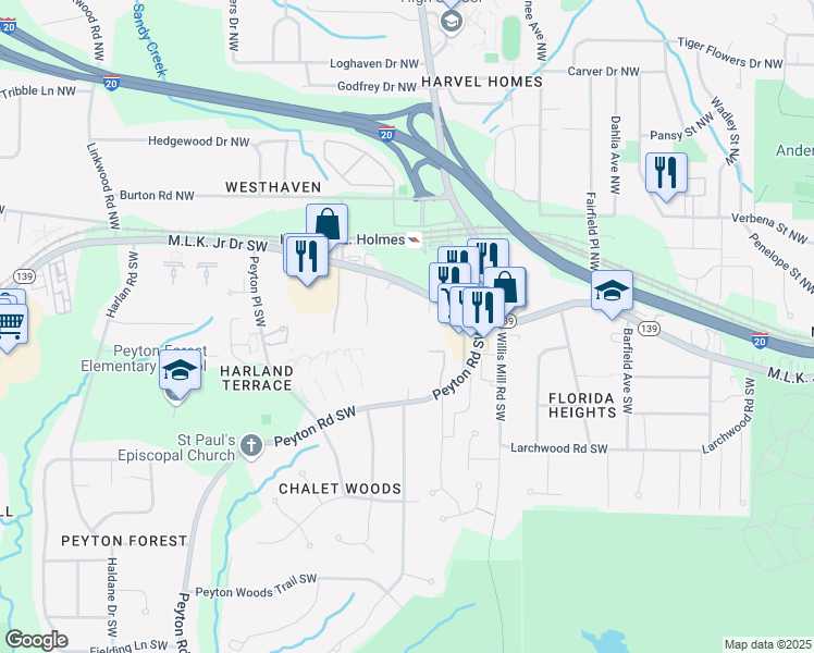 map of restaurants, bars, coffee shops, grocery stores, and more near 2524 Martin Luther King Junior Drive Southwest in Atlanta