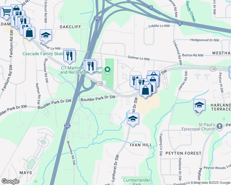 map of restaurants, bars, coffee shops, grocery stores, and more near 3046 Middleton Road Northwest in Atlanta