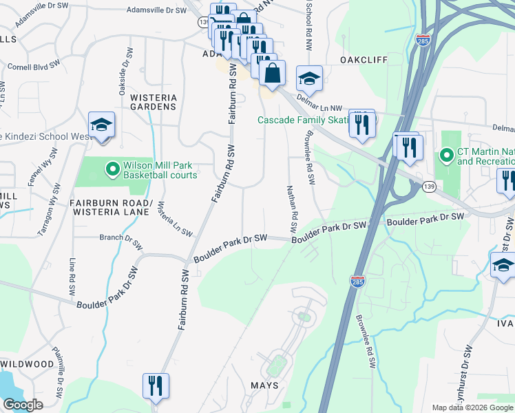 map of restaurants, bars, coffee shops, grocery stores, and more near 263 Boulder Park Lane Southwest in Atlanta