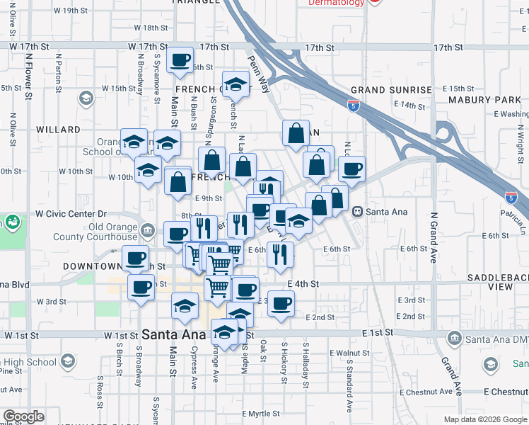 map of restaurants, bars, coffee shops, grocery stores, and more near 720 North Lacy Street in Santa Ana