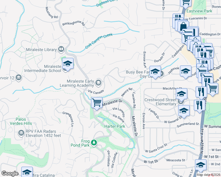 map of restaurants, bars, coffee shops, grocery stores, and more near 3821 El Tesoro Place in Rancho Palos Verdes