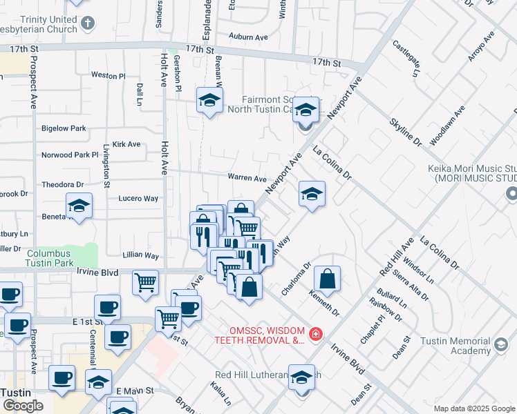 map of restaurants, bars, coffee shops, grocery stores, and more near 12754 Newport Avenue in Tustin