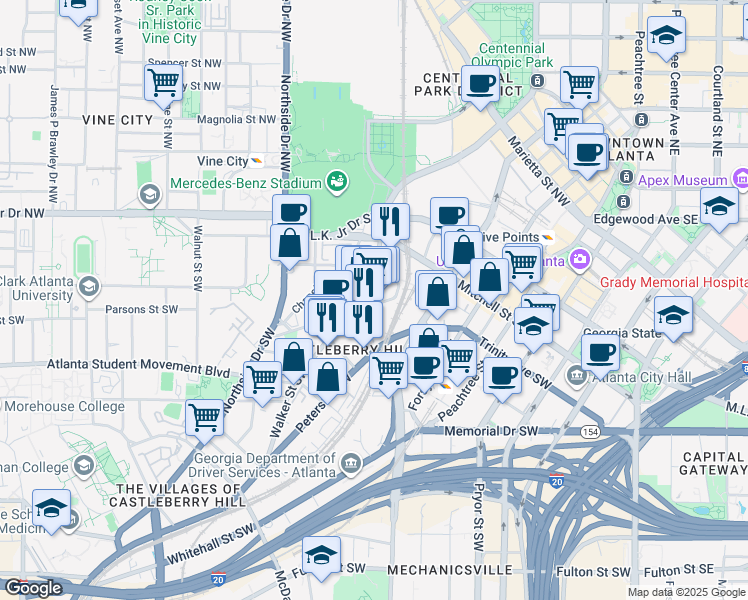 map of restaurants, bars, coffee shops, grocery stores, and more near 339 Nelson Street Southwest in Atlanta