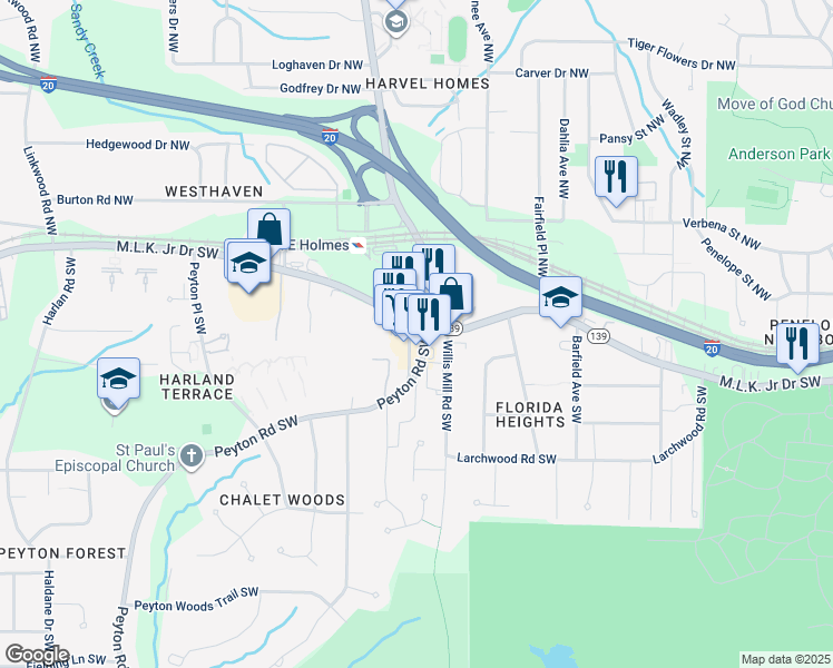 map of restaurants, bars, coffee shops, grocery stores, and more near 10 Peyton Road Southwest in Atlanta