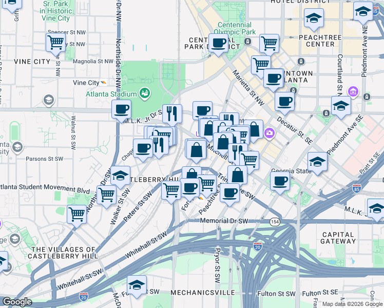 map of restaurants, bars, coffee shops, grocery stores, and more near 125 Ted Turner Drive Southwest in Atlanta