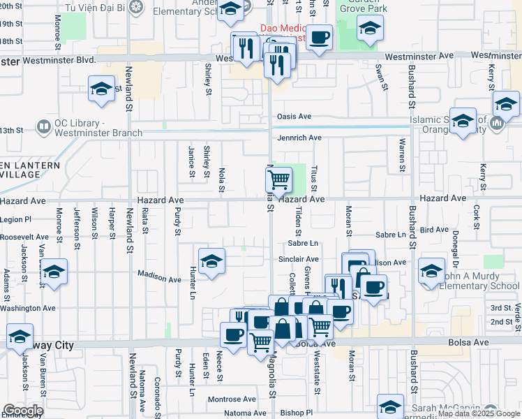 map of restaurants, bars, coffee shops, grocery stores, and more near 14501 Magnolia Street in Westminster