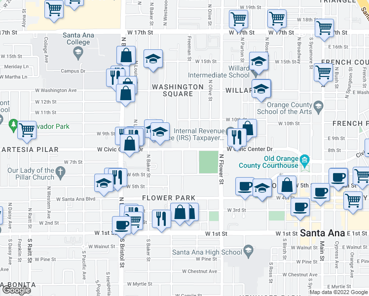 map of restaurants, bars, coffee shops, grocery stores, and more near 1051 West Civic Center Drive in Santa Ana