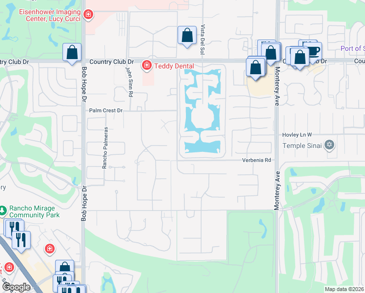 map of restaurants, bars, coffee shops, grocery stores, and more near 77 Lakeshore Drive in Rancho Mirage