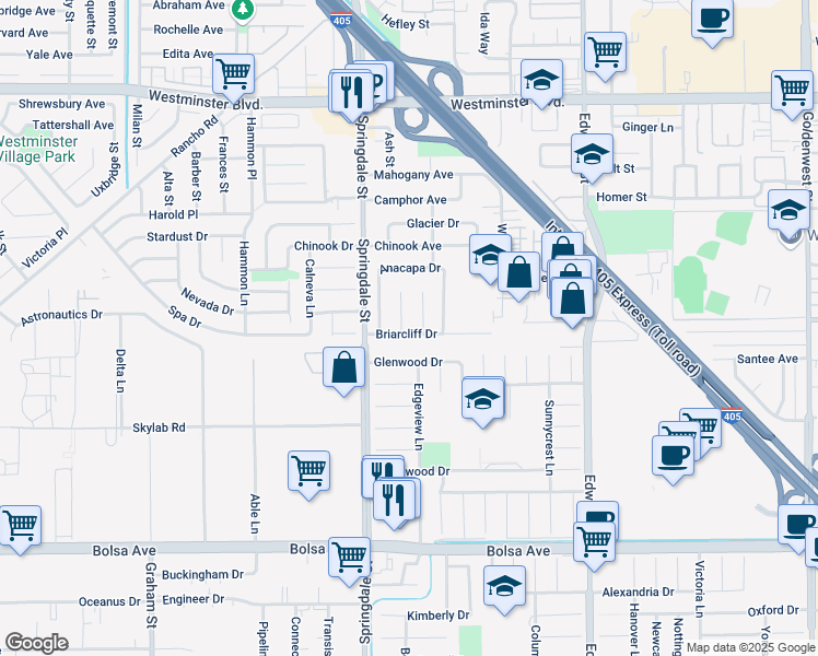 map of restaurants, bars, coffee shops, grocery stores, and more near 14502 Danes Circle in Huntington Beach