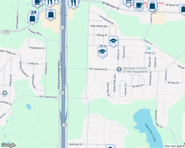 map of restaurants, bars, coffee shops, grocery stores, and more near 619 Kerby Dr in Denison