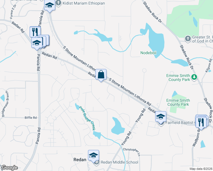 map of restaurants, bars, coffee shops, grocery stores, and more near 1397 Bentley Woods Trail in Lithonia