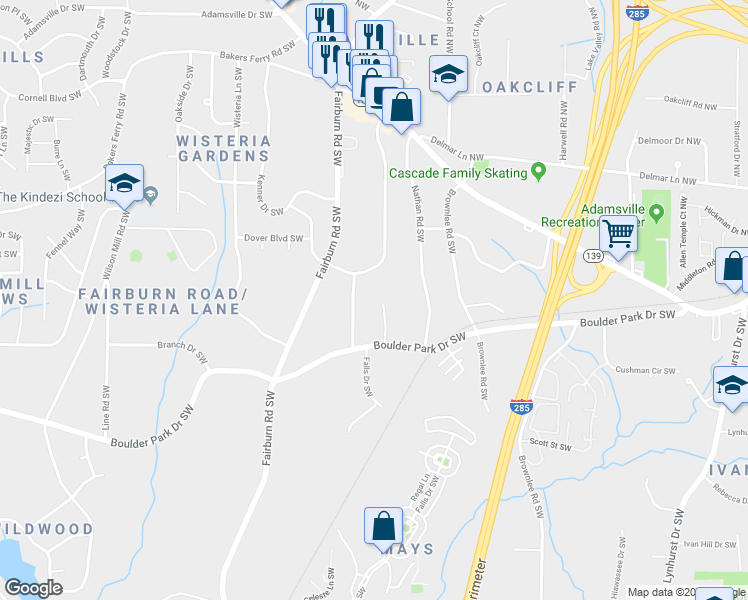 map of restaurants, bars, coffee shops, grocery stores, and more near 263 Boulder Park Lane Southwest in Atlanta