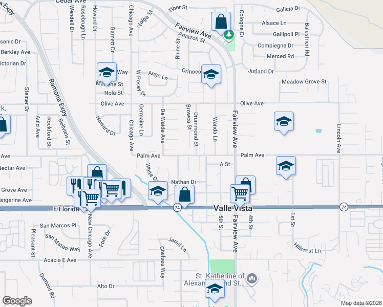 map of restaurants, bars, coffee shops, grocery stores, and more near 25492 Browca Street in Hemet