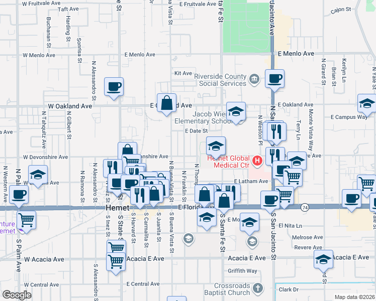 map of restaurants, bars, coffee shops, grocery stores, and more near 309 North Thompson Street in Hemet