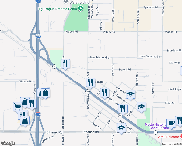 map of restaurants, bars, coffee shops, grocery stores, and more near 25450 Sherman Road in Menifee