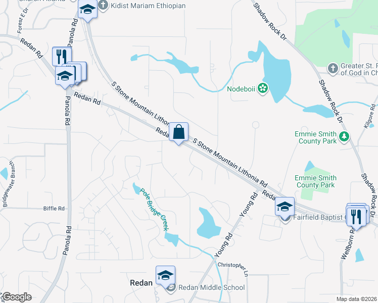 map of restaurants, bars, coffee shops, grocery stores, and more near 1397 Bentley Woods Trail in Lithonia