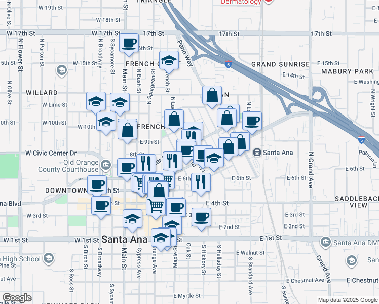 map of restaurants, bars, coffee shops, grocery stores, and more near 720 North Lacy Street in Santa Ana